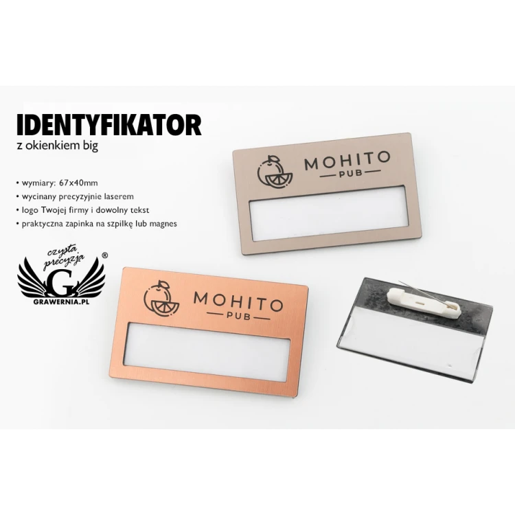 Identyfikator z okienkiem - miedziany lub caffe latte - B - wym. 67x40mm - ID075