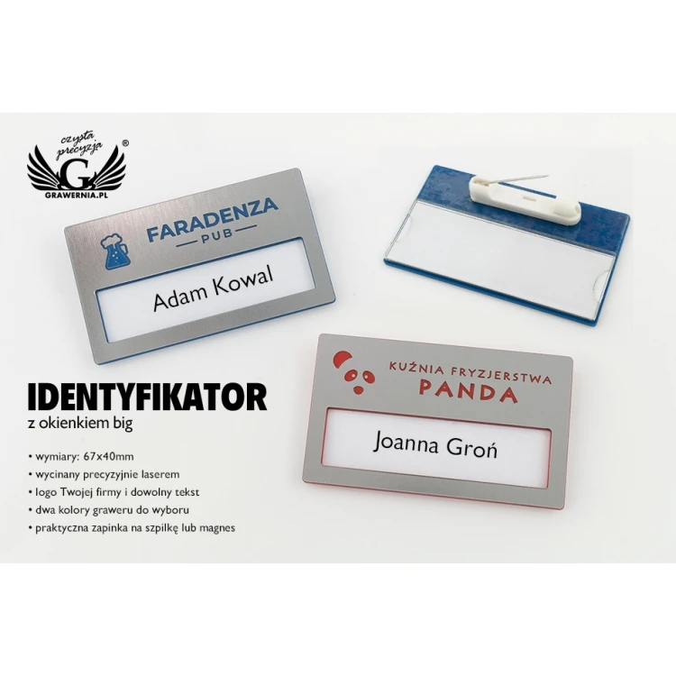 Identyfikator z okienkiem - srebrny z grawerem -  B - wym. 67x40mm - ID079