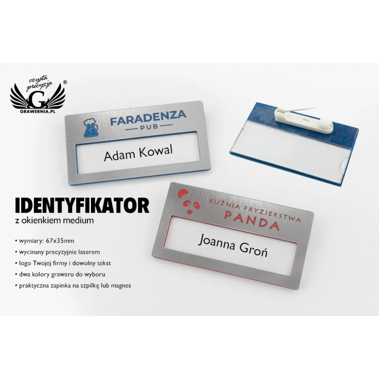 Identyfikator z okienkiem - srebrny z grawerem -  M - wym. 67x35mm - ID080