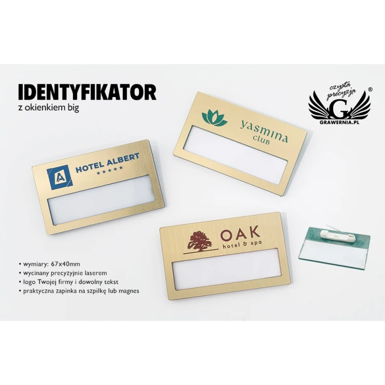Identyfikator z okienkiem - złoty z kolorowym grawerem - B - wym. 67x40mm - ID072
