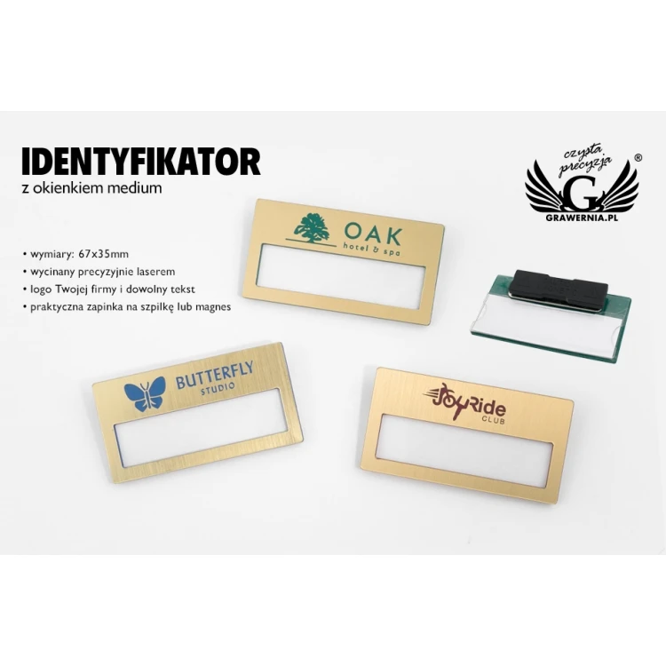 Identyfikator z okienkiem - złoty z kolorowym grawerem - M - wym. 67x35mm - ID073