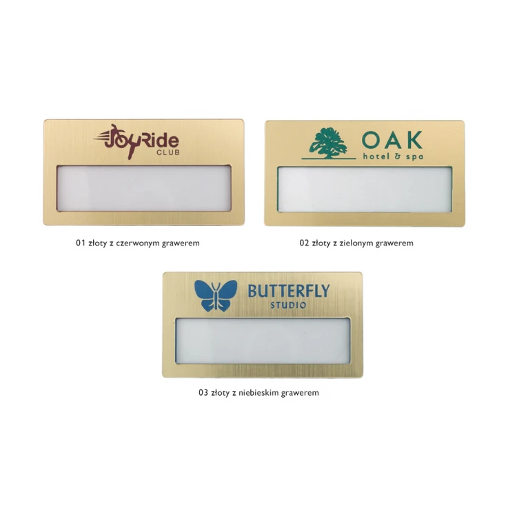 Identyfikator z okienkiem - złoty z kolorowym grawerem - M - wym. 67x35mm - ID073