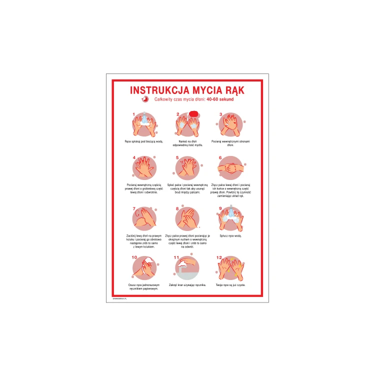 Instrukcja mycia rąk - tabliczka informacyjna wym. 245x345mm - PVC - kolorowy druk UV - BHP143