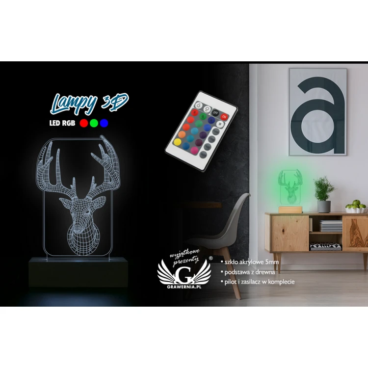 Jeleń - Lampa 3D LED RGB sterowana z pilota - L3D009