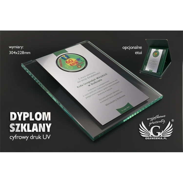 JUBILEUSZOWY DYPLOM SZKLANY - KOLOROWY DRUK UV - DUV037