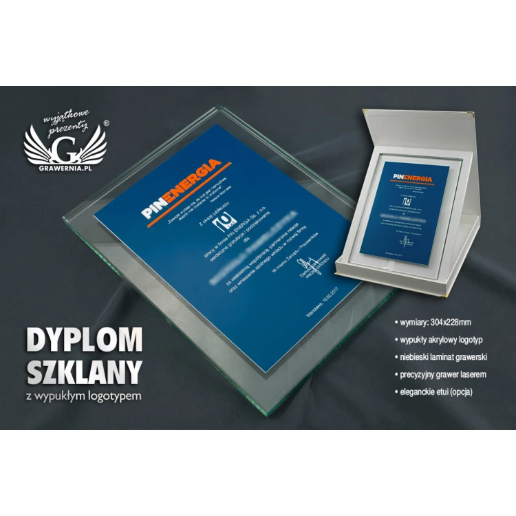 Jubileuszowy dyplom szklany z wypukłym logotypem - DSZ052