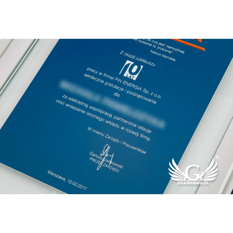 Jubileuszowy dyplom szklany z wypukłym logotypem - DSZ052