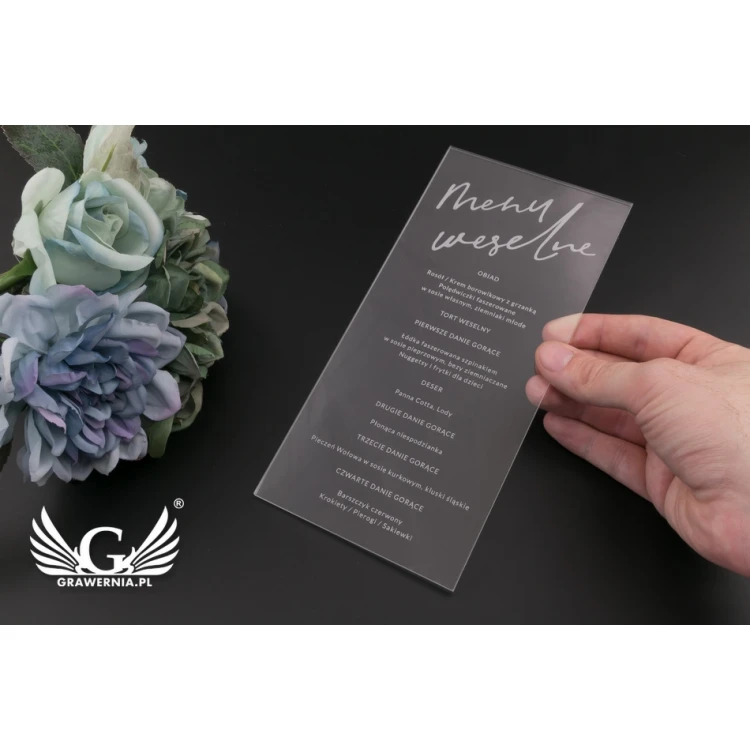 Menu weselne z akrylu - grawer laserem - MEN016