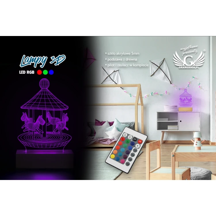 Karuzela - Lampa 3D LED RGB sterowana z pilota - L3D010