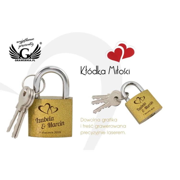 Kłódka zakochanych - mała - żeliwna kolor złoty - dowolny grawer - KZ007