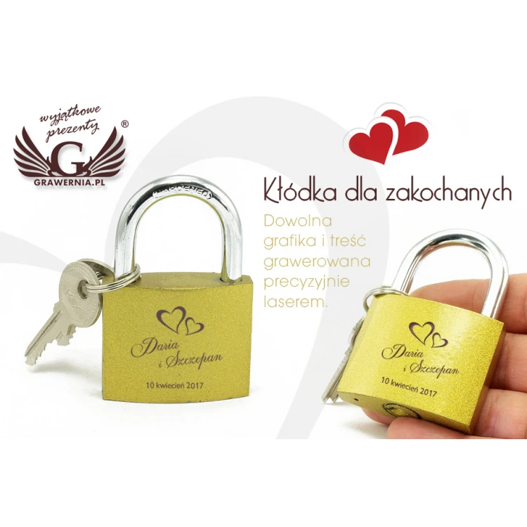 Kłódka zakochanych - żeliwna kolor złoty - dowolny grawer - KZ004