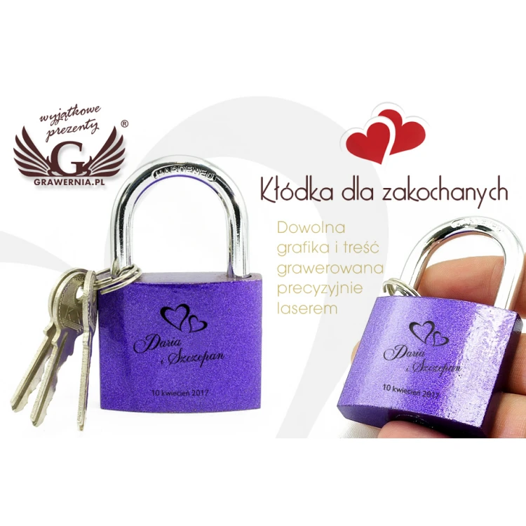 Kłódka zakochanych - żeliwna kolor fioletowy - dowolny grawer - KZ005