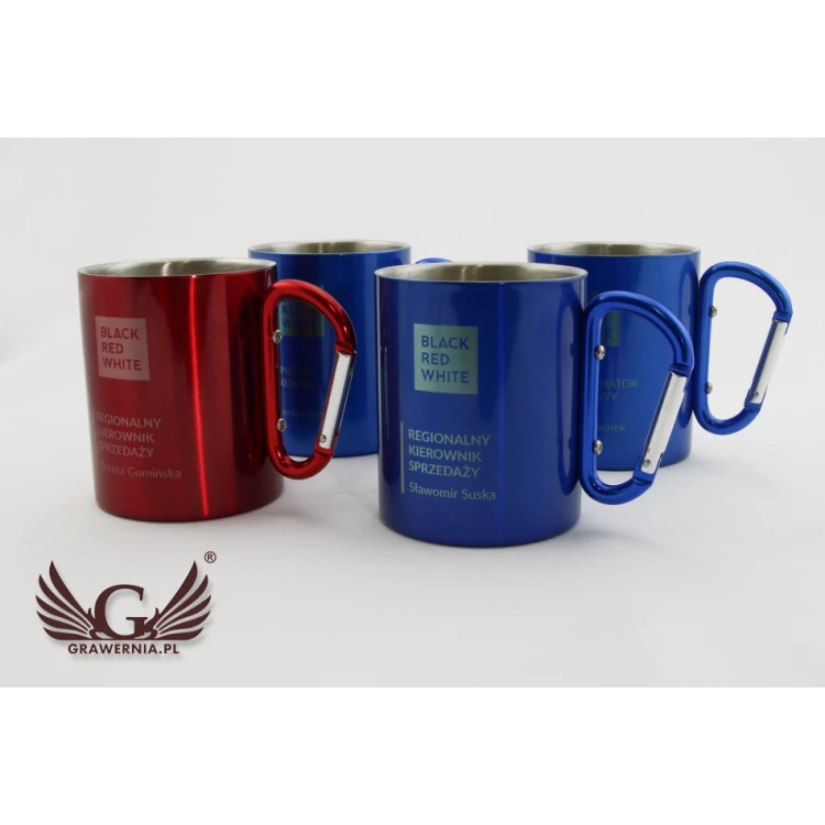Kubek stalowy z karabińczykiem z grawerem  - CAMP - poj. 280 ml - 3 kolory do wyboru 