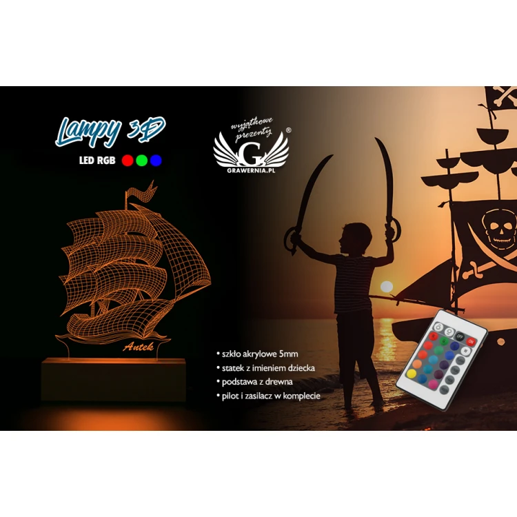 Lampa LED RGB sterowana z pilota - Statek - L3D005