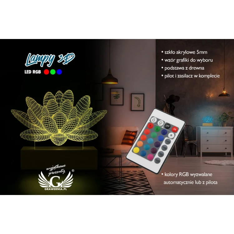 Kwiat Lotosu - Lampa 3D LED RGB sterowana z pilota - L3D007