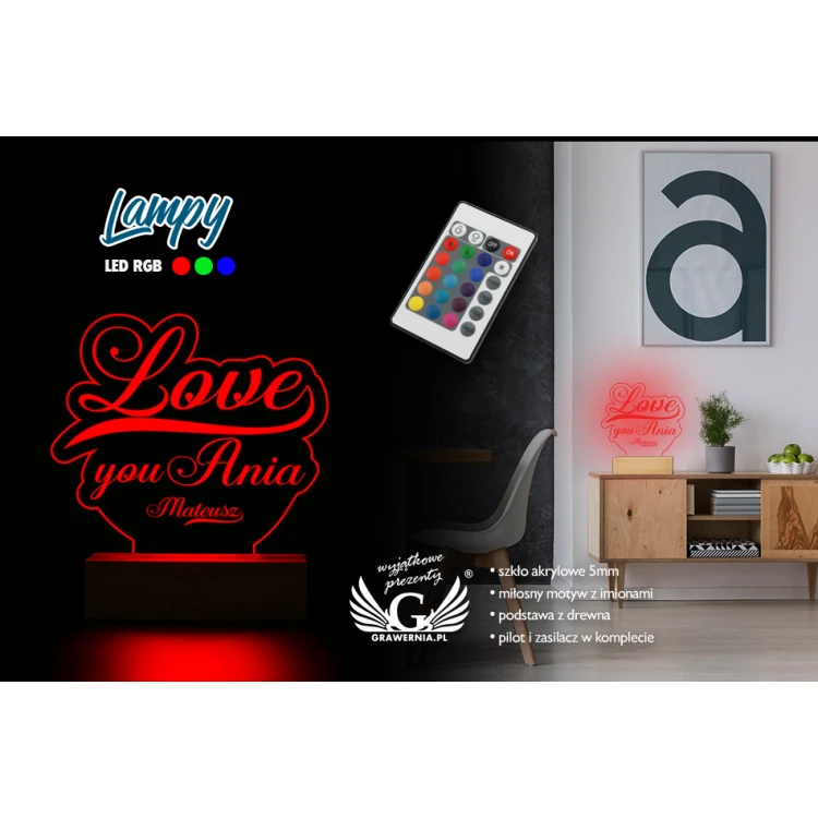 Lampa LED RGB sterowana z pilota - Love - walentynki L3D003