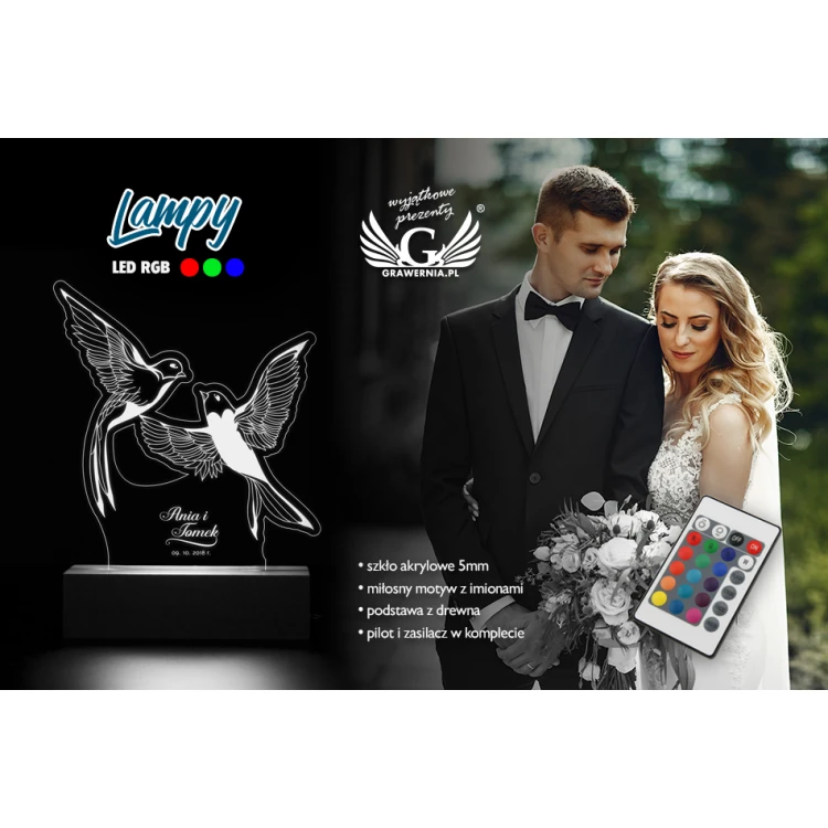 Lampa LED RGB sterowana z pilota - Prezent dla Pary Młodej - L3D004