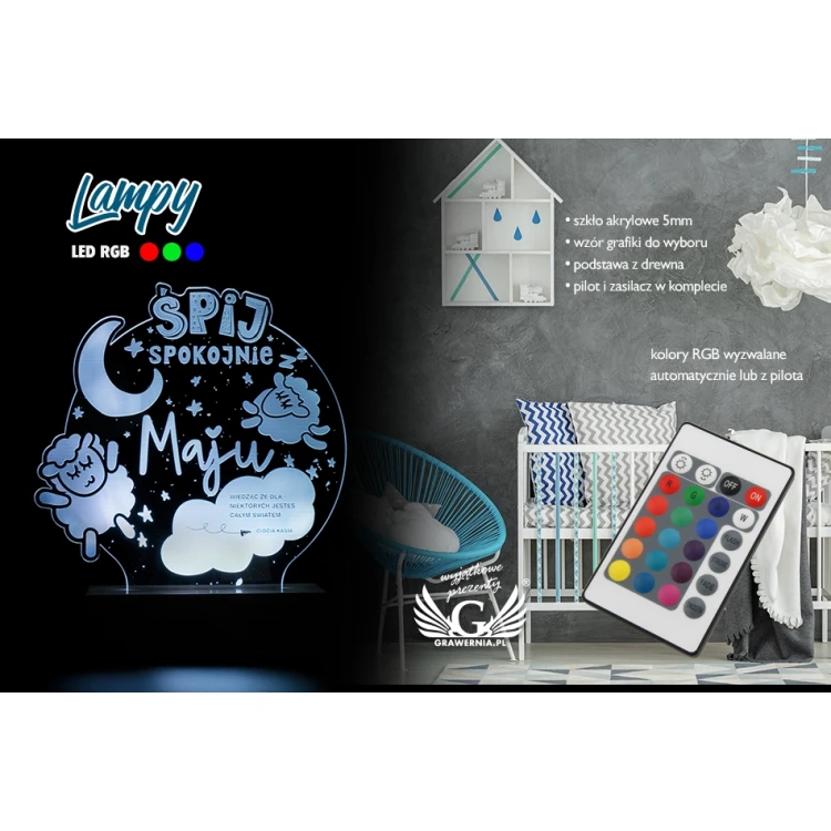 Prezent na Baby Shower - Lampa LED RGB sterowana z pilota - Śpij spokojnie - L3D006