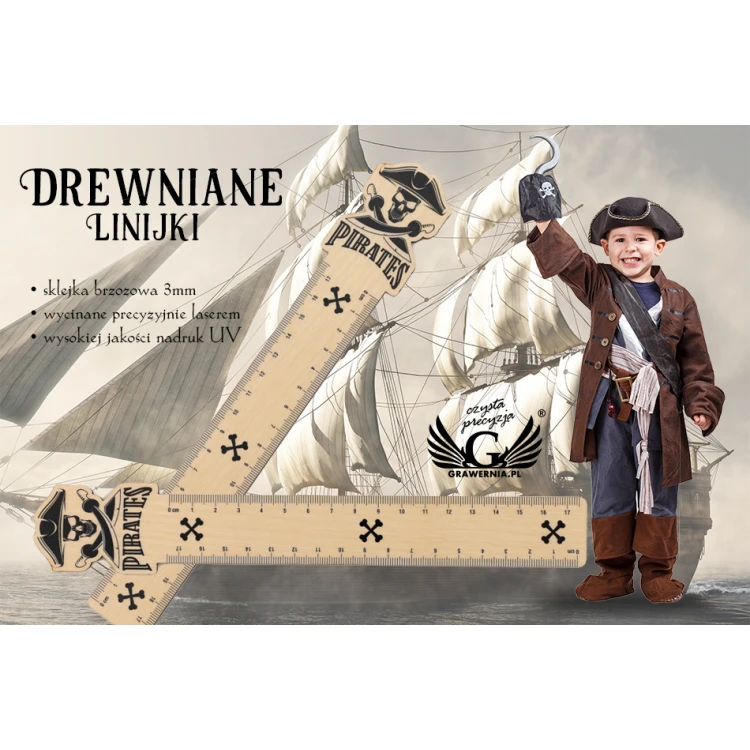 Linijki z drewna - Piraci - kolorowy druk UV - LIN006