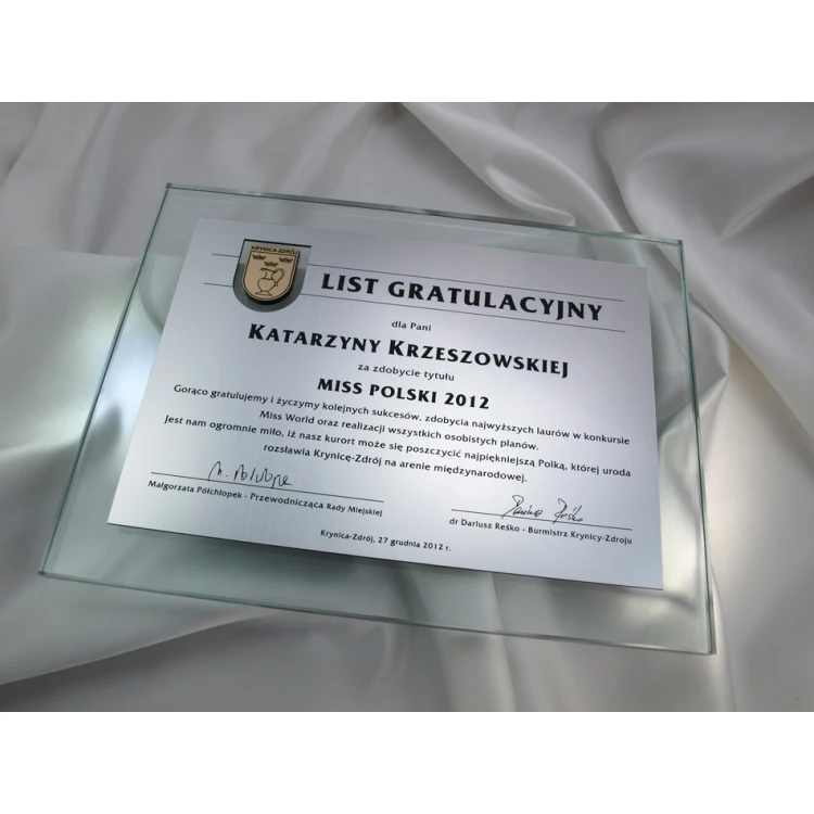 LIST GRATULACYJNY SZKLANY w ETUI - DSZ021 - poziomy