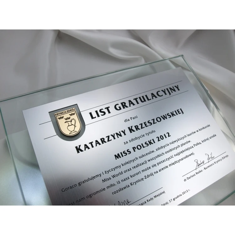 LIST GRATULACYJNY SZKLANY w ETUI - DSZ021 - poziomy