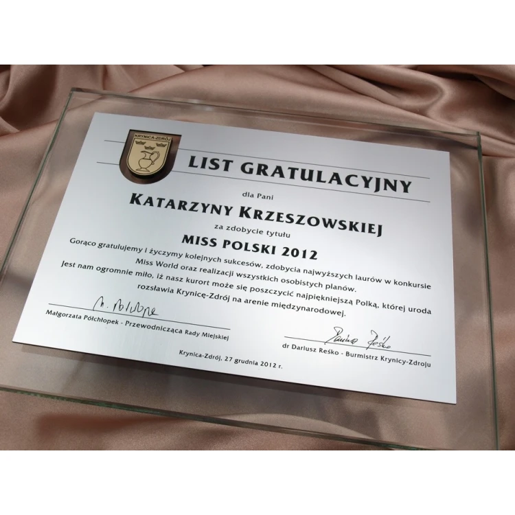 LIST GRATULACYJNY SZKLANY w ETUI - DSZ021 - poziomy