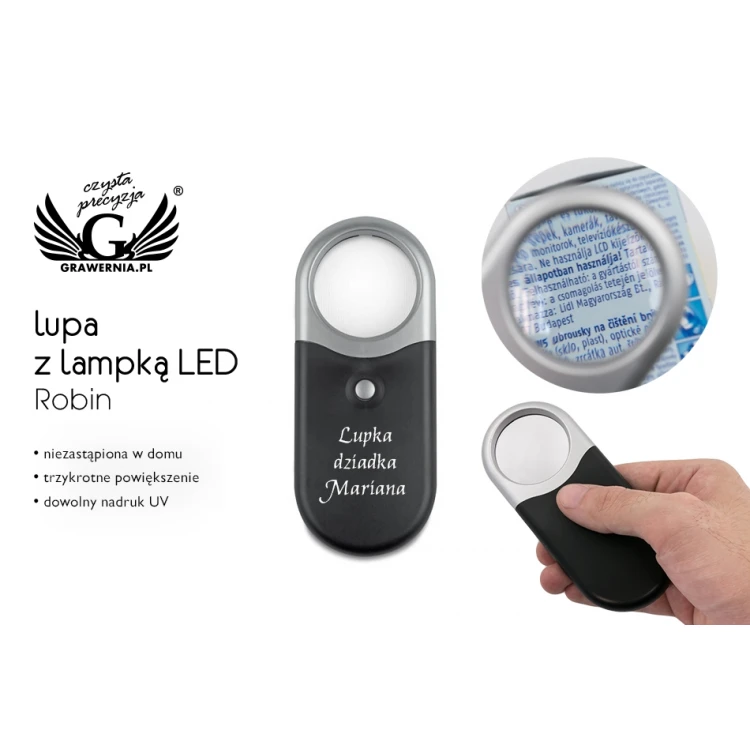 Lupa Robin z lampką LED - dowolny nadruk UV - BP92