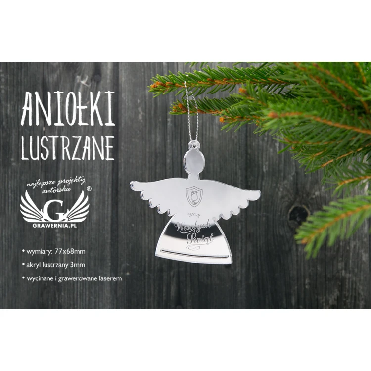 Lustrzane ozdoby z Twoim grawerem - wym. 77x68mm - aniołek - BDR011
