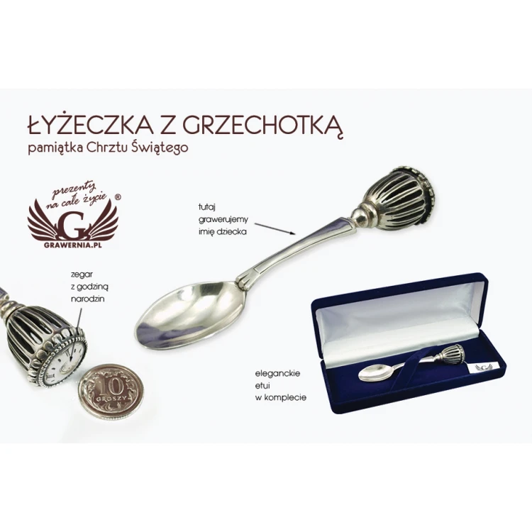 ŁYŻECZKA Z GRZECHOTKĄ - SREBRO - Pamiątka Chrztu Świętego - wzór SRB018