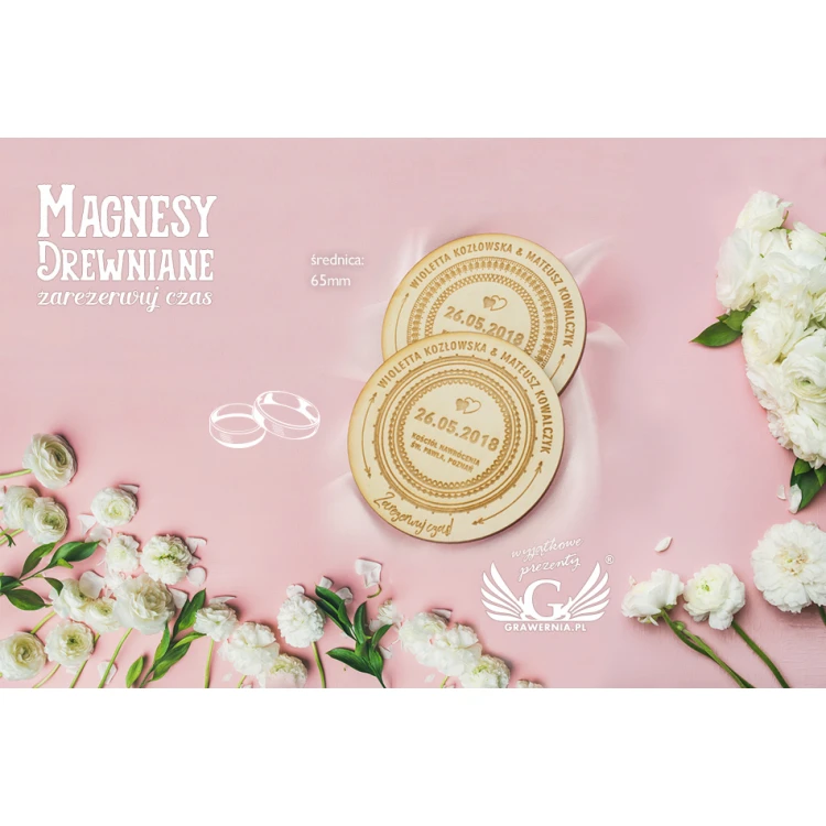 Magnesy drewniane zarezerwuj czas - grawerowane laserem - MGN009