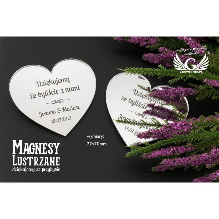 Magnesy srebrne lustrzane - podziękowanie dla gości - grawerowane laserem - MGN017