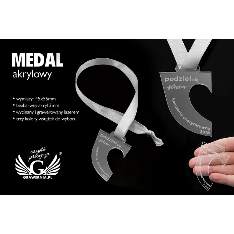 Medal akrylowy grawerowany laserem - wymiary: 45x55mm - gr. 3mm - MGR050