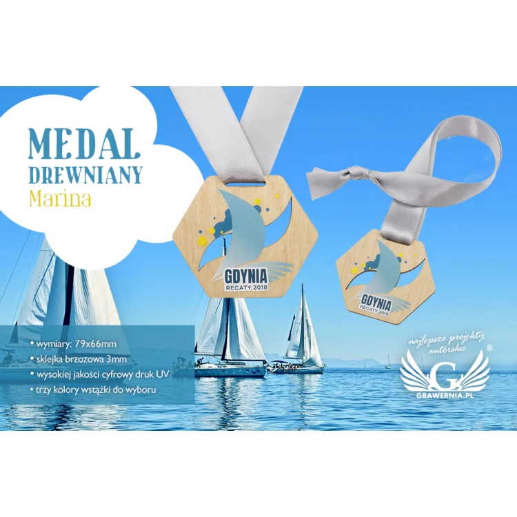 Medal drewniany druk UV - Marina - wymiar: 79x66mm - MGR060