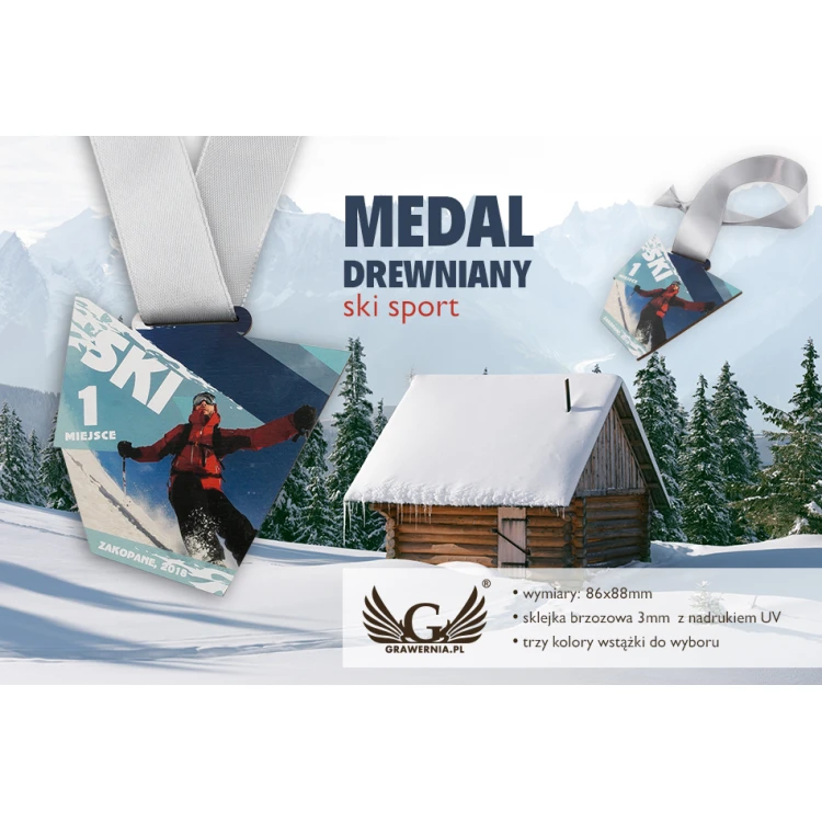 Medal drewniany druk UV - Ski Sport- wymiary: 86x88mm - MGR052