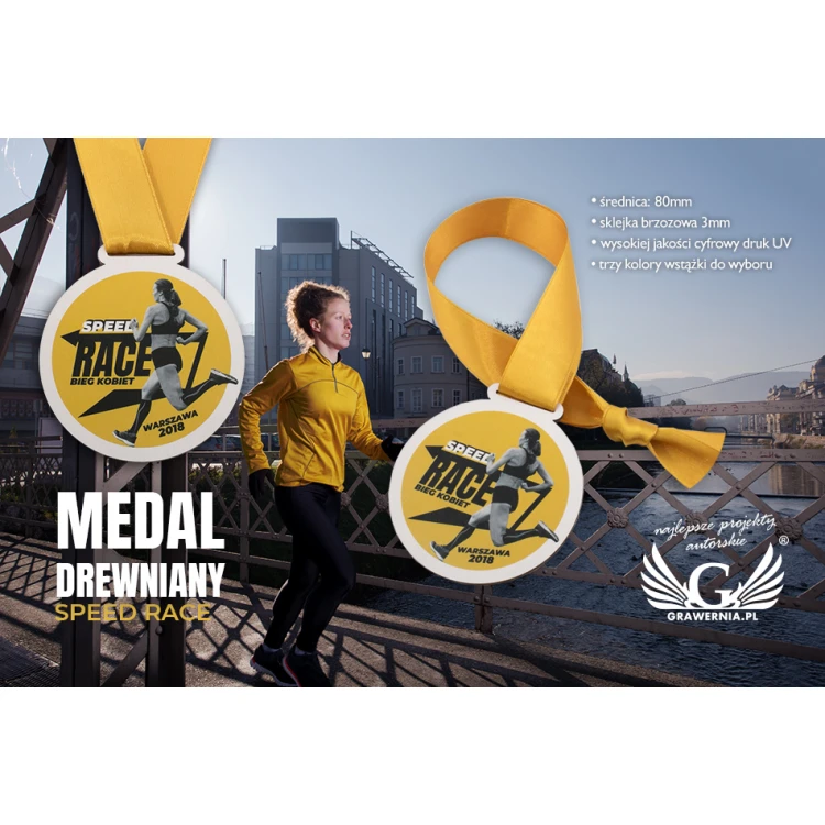 Medal drewniany druk UV - Speed Race - średnica: 80mm - MGR053