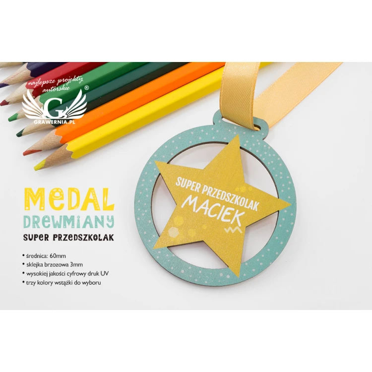 Medal drewniany druk UV - Super Przedszkolak - średnica: 60mm - MGR057