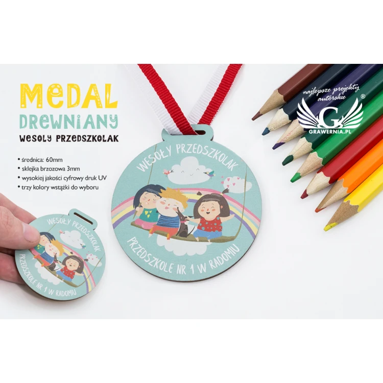 Medal drewniany druk UV - Wesoły Przedszkolak - średnica: 60mm - MGR058
