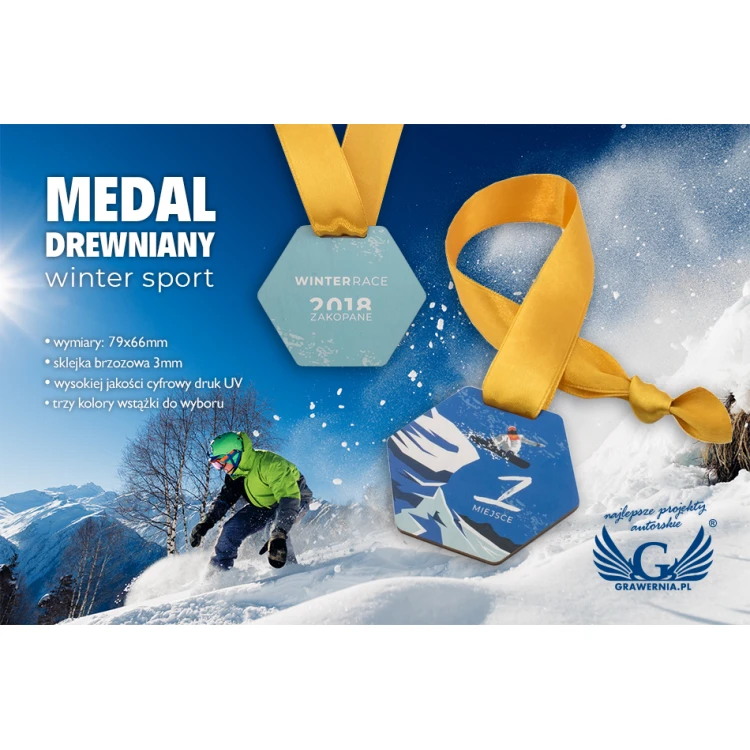 Medal drewniany druk UV - Winter Sport - wymiary: 79x66mm - MGR061
