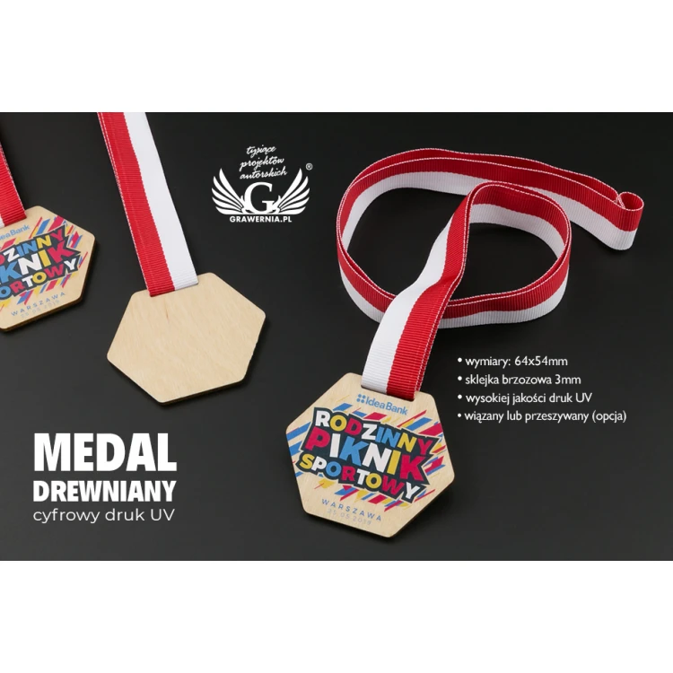 Medal drewniany druk UV - wymiary: 64x54mm - MGR078 