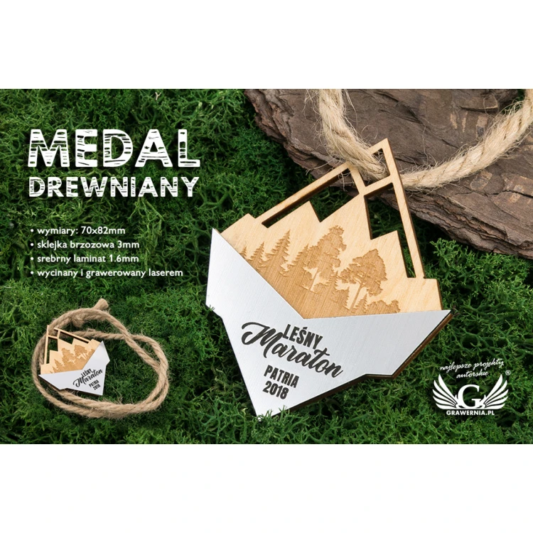Medal drewniany Forest z laminatem grawerskim - wym: 70x82mm - gr. 4,6mm - MGR028