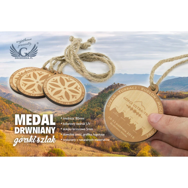 Medal drewniany Górski Szlak - śr. 80mm - gr. 5mm - druk UV - MGR027
