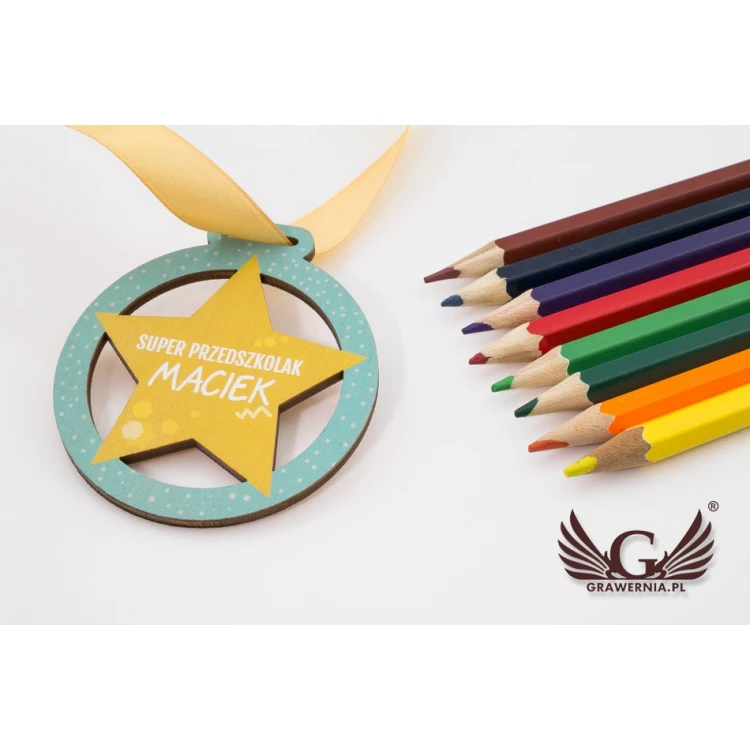 Medal drewniany druk UV - Super Przedszkolak - średnica: 60mm - MGR057