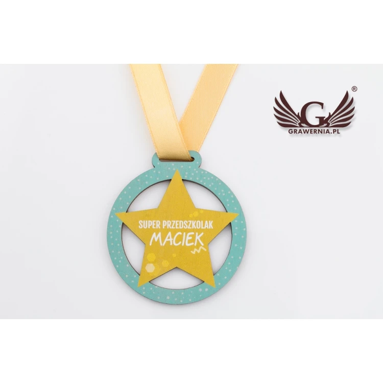 Medal drewniany druk UV - Super Przedszkolak - średnica: 60mm - MGR057