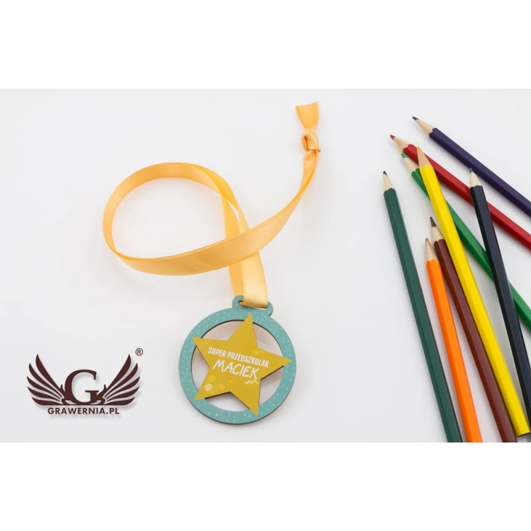 Medal drewniany druk UV - Super Przedszkolak - średnica: 60mm - MGR057