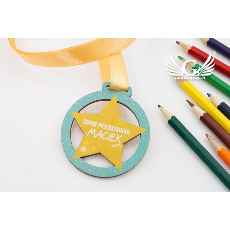 Medal drewniany druk UV - Super Przedszkolak - średnica: 60mm - MGR057