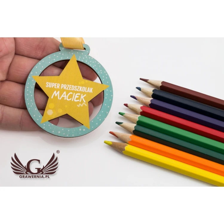 Medal drewniany druk UV - Super Przedszkolak - średnica: 60mm - MGR057