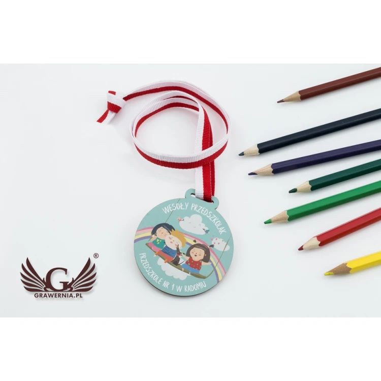 Medal drewniany druk UV - Wesoły Przedszkolak - średnica: 60mm - MGR058