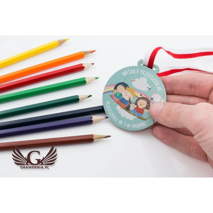 Medal drewniany druk UV - Wesoły Przedszkolak - średnica: 60mm - MGR058