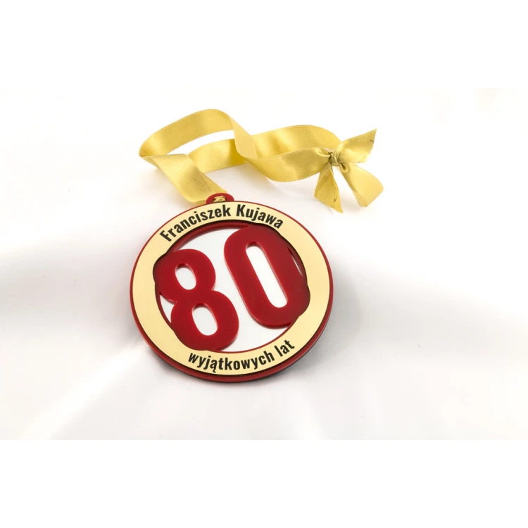 Medal Jubileuszowy na 80-te urodziny - średnica 12 cm - czerwony akryl