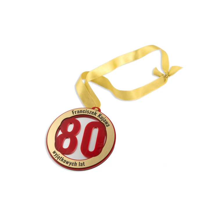 Medal Jubileuszowy na 80-te urodziny - średnica 12 cm - czerwony akryl